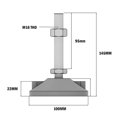 30-M16D100-1 MODULAR SOLUTIONS PLASTIC FOOT<BR>100MM PAD, M16 THREAD W/ JAM NUT